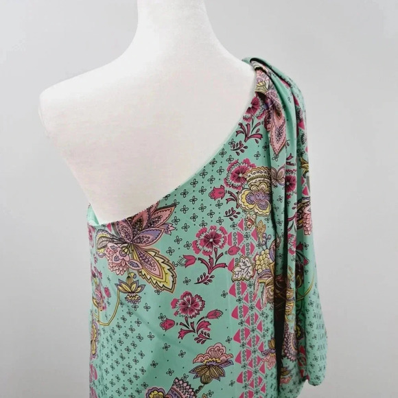 Hello Miss Womens Dress One Shoulder Bell Sleeve Mini Green Paisley Sz Small - Picture 6 of 14